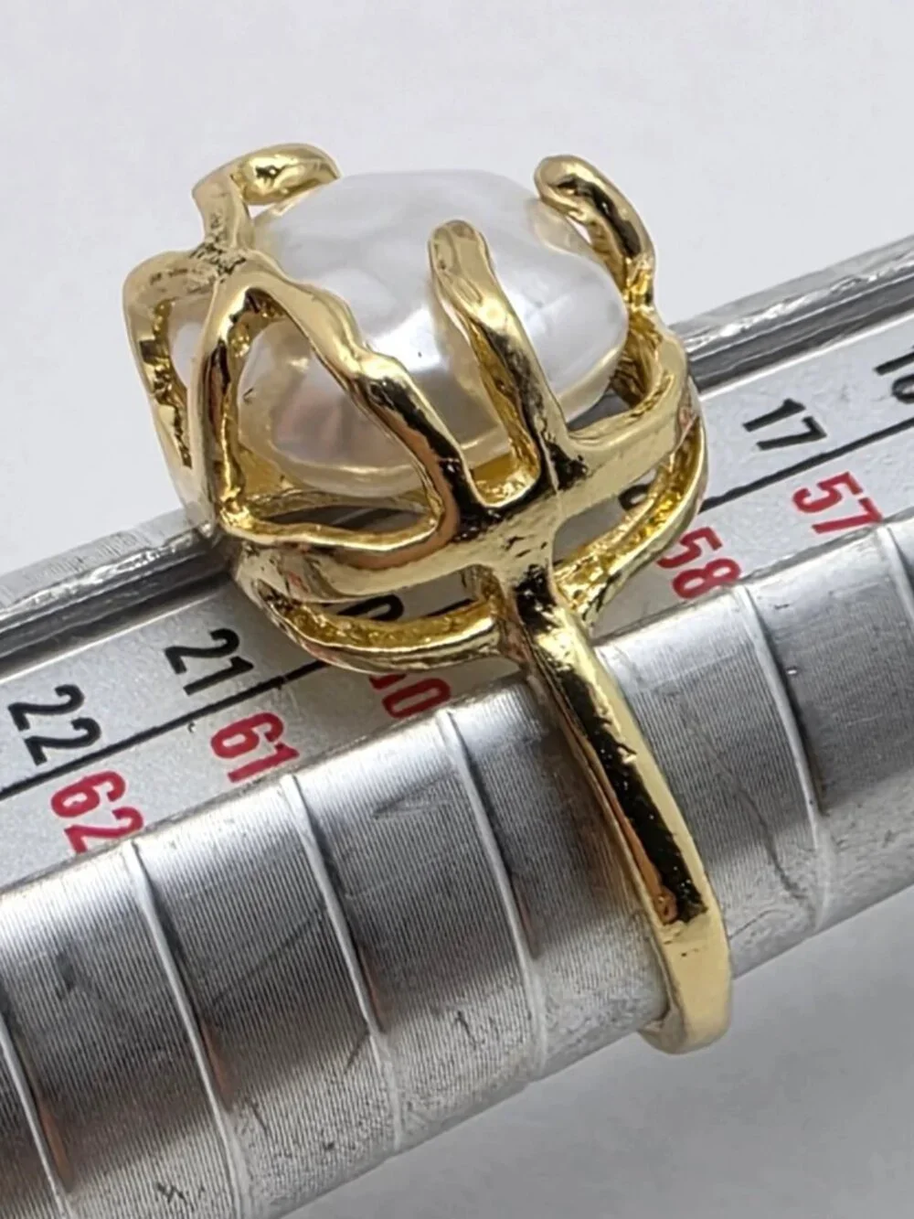 Faux Baroque Pearl Statement Ring Gold Plated Brass Organic Modern Size 8.5